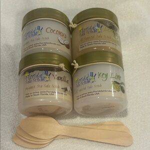 Florida salt scrubs Skincare Set of 4 2.9oz each with 4 Wooden Spoons